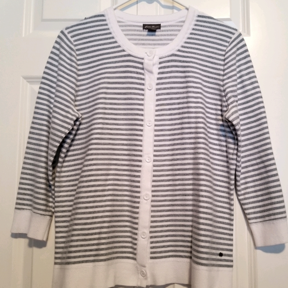 Eddie Bauer gray cream stripe button front cardigan SZ L